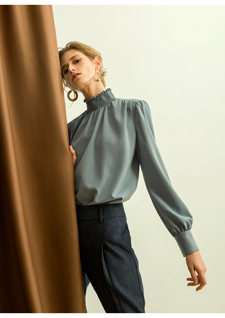 2018 new arrival spring and summer euramerican vintage blue ruffled full sleeve women shirt high quality |