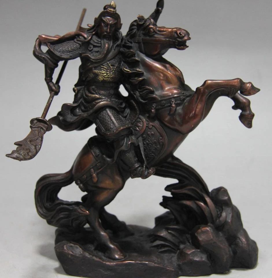 Китайская народная красная медная бронзовая лошадь Guan Gong Dragon Yu Warrior статуя|Статуи