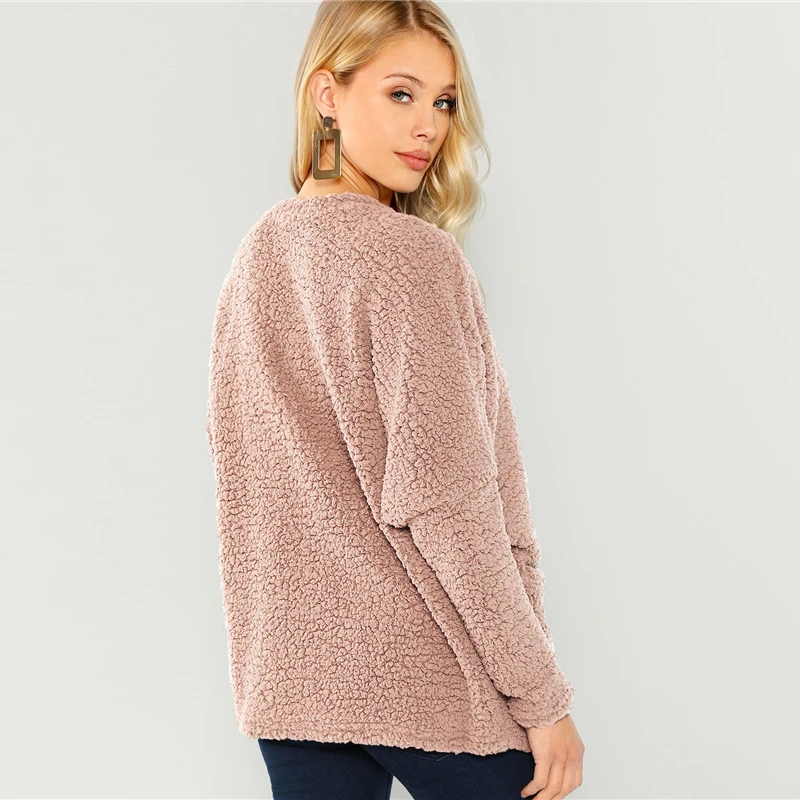 Sheinside розовый накладной карман Открытый передний искусственный мех плюшевое пальто осень зима топы для женщин верхняя одежда женские пальто и куртки