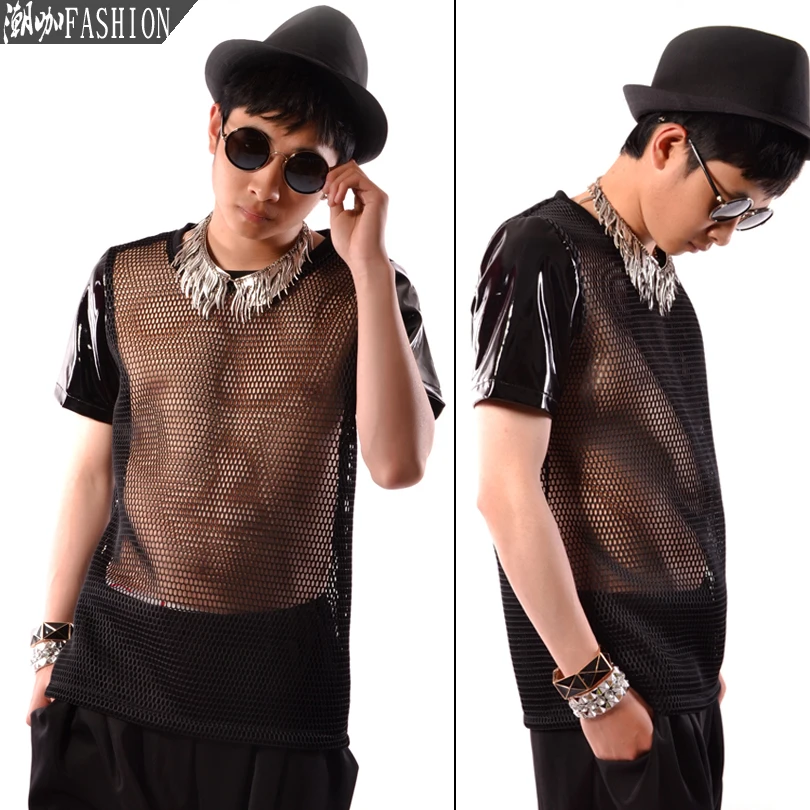 

Новинка 2015, мужская мода, Мужская индивидуальная большая сетка, жапанная кожа, с коротким рукавом, модная мужская одежда, костюм певицы, костюмы