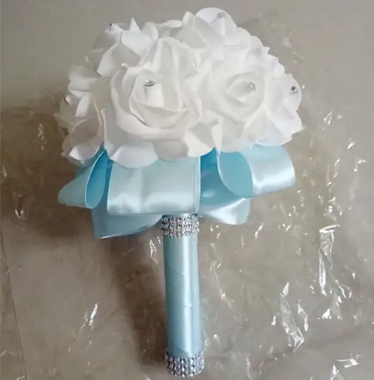 light blue AYiCuthia самая дешевая PE Роза для подружки невесты свадебные поролоновые Цветы Роза свадебный букет лента поддельный Свадебный букет de noiva 9 цветов S30 - Цвет: light blue