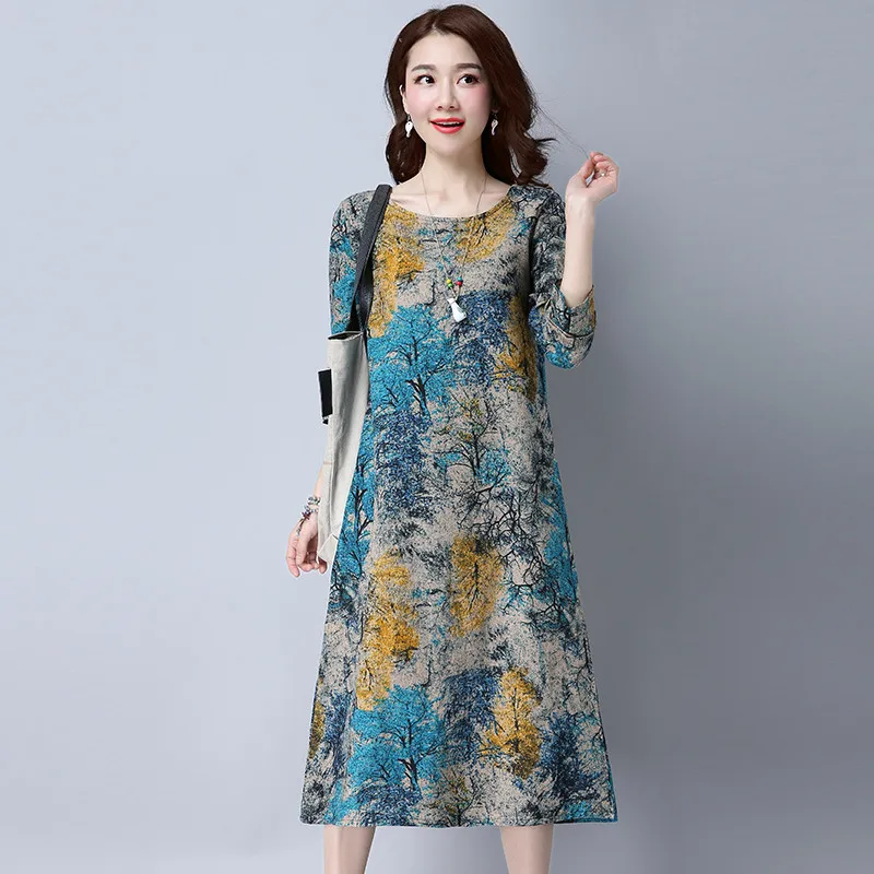 019 хлопковое и льняное платье с рукавами старшего возраста большие размеры