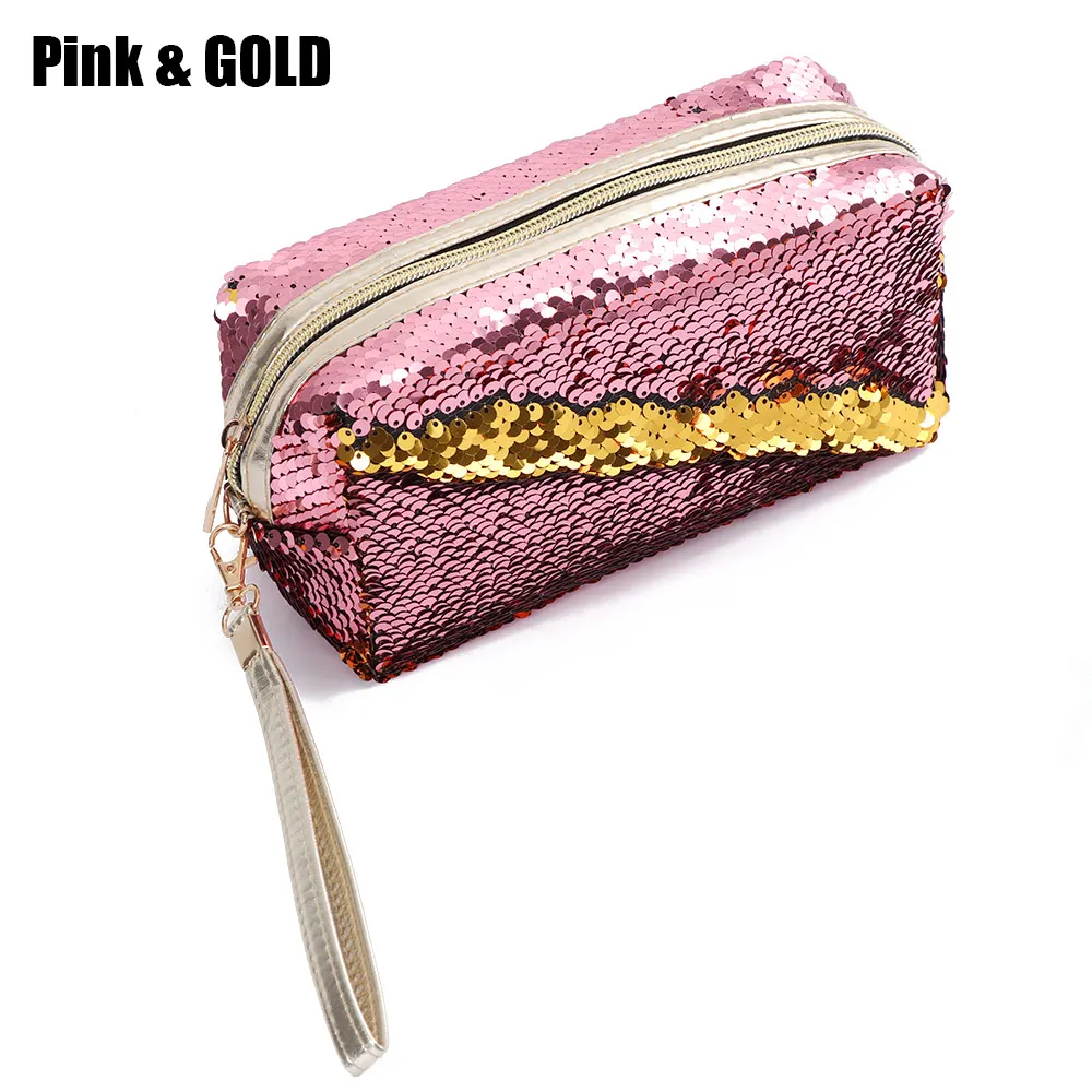Pink and Gold 1 шт., двусторонний блестящий чехол-карандаш с блестками и русалочкой, косметичка, сумки с пайетками, сумки, канцелярские принадлежности - Цвет: Pink and Gold
