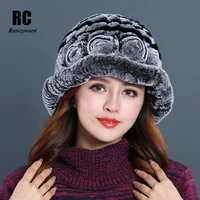 rancyword real rex rabbit fur hats womens winter beanie female knitted elegant beanies flowers paisley real fur caps rc1302 1