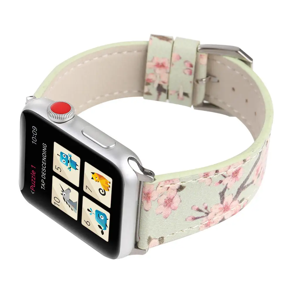 С цветочным принтом кожаный ремешок для наручных часов Apple Watch серии 1/2/3/4/5 Группа 44 мм, 42 мм, 40 мм, 38 мм, версия сливы цветок Дизайн наручные часы браслет