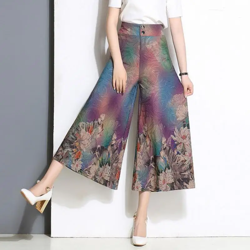 Summer Spring Casual Woman Female Printed Floral Pattern Wide Leg Loose Pants , High Waisted Colored Fashion Trousers For Women