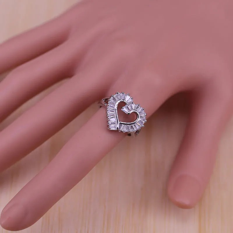 RINGS Модный 925 пробы Серебряный набор украшений для женщин сердце CZ камень Шарм подвески ожерелья серьги кольца Любовь Подарок на годовщину - Окраска металла: RINGS