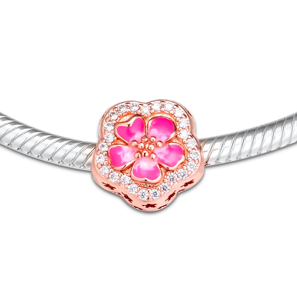 

DIY Fits for Europe Charms Bracelets Rose Sparkling Peach Blossom Flower Beads 100% 925 Sterling-Silver-Jewelry Free Shipping