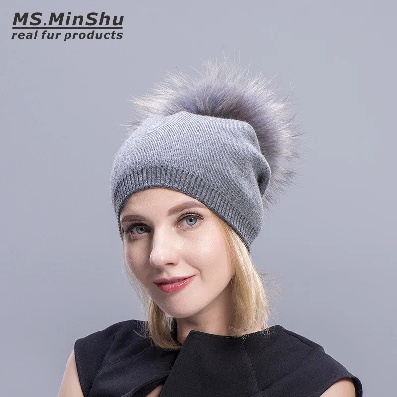 Ms. MinShu, кашемировые шапки для женщин, помпон, шапочки, меховая шапка, женские теплые шапки с натуральным мехом енота, помпон, шапка для взрослых