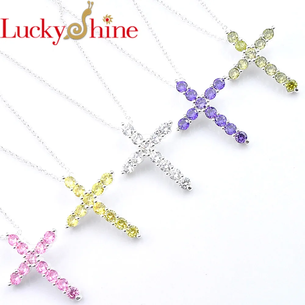 Luckyshine Trendy Jewelry Pink White cross Crystal Zircon Gems Silver Necklaces Pendant Russia USA 3.3*2.4cm | Украшения и
