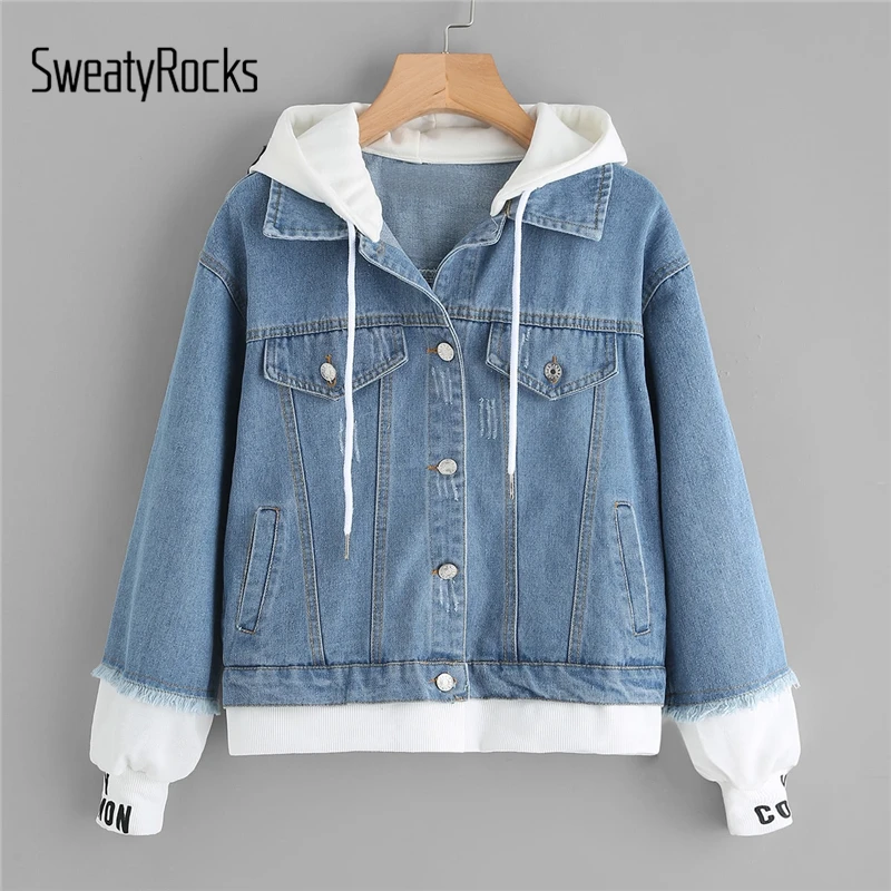 SweatyRocks синий 2 в 1 ребристая трикотажная отделка с капюшоном джинсовая куртка однобортное пальто с буквенным принтом осень Женская Джинсовая Верхняя одежда