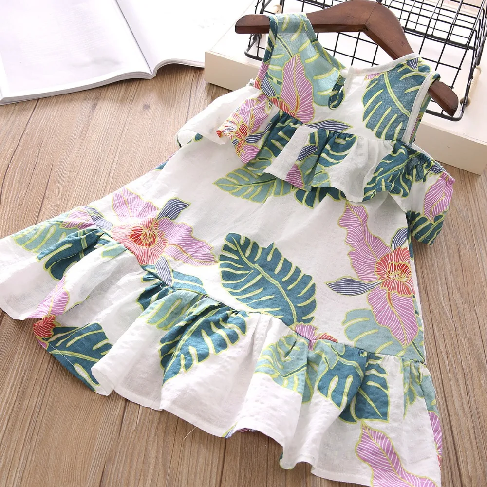 Fashion hot sale leaf cotton print summer kids girls off shoulder ruffle baby dresses | Детская одежда и обувь