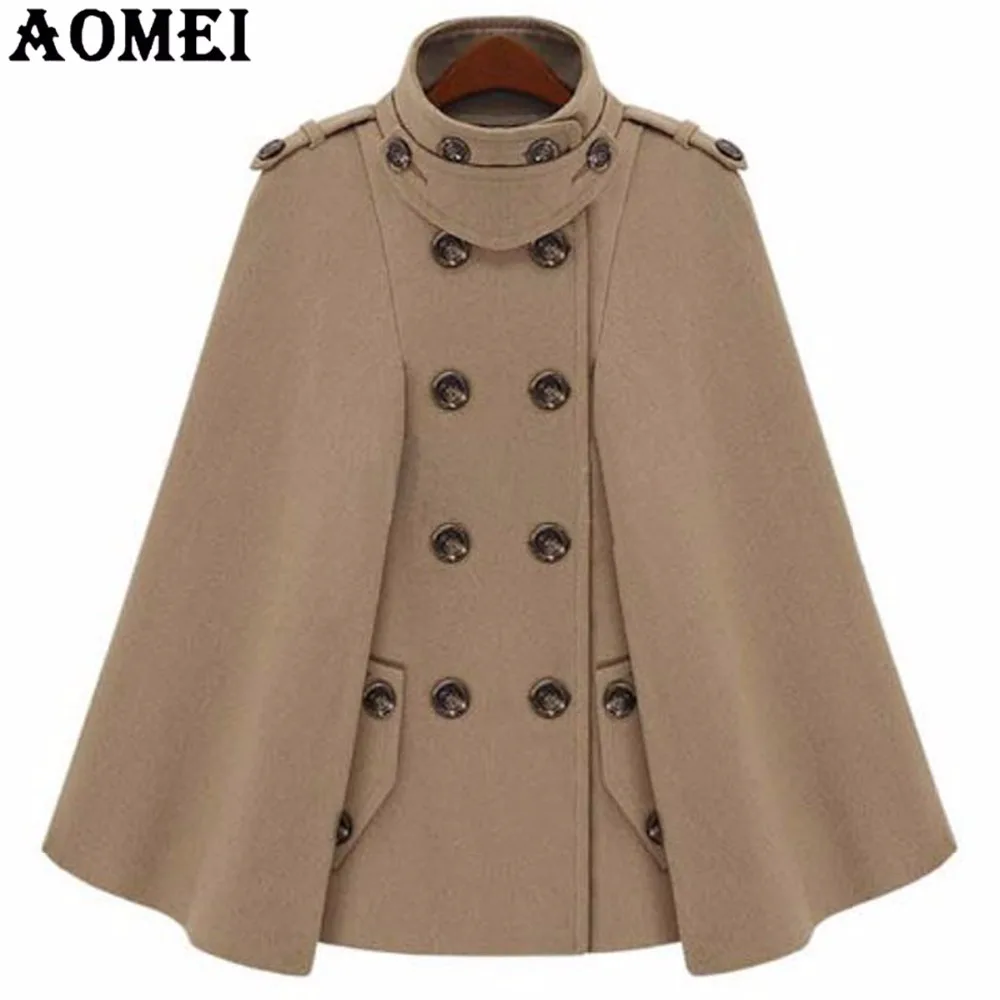 

Fashion Camel Color Woolen Coats Cloak for Women Workwear Winter Office Lady Outwear Double Button 2021 New Spring Overcoat Cape