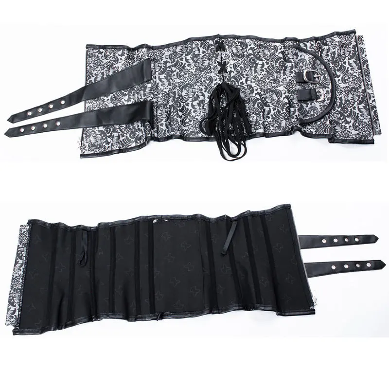 Серебряная парча черный кожаный ремень со стальными косточками корсет под