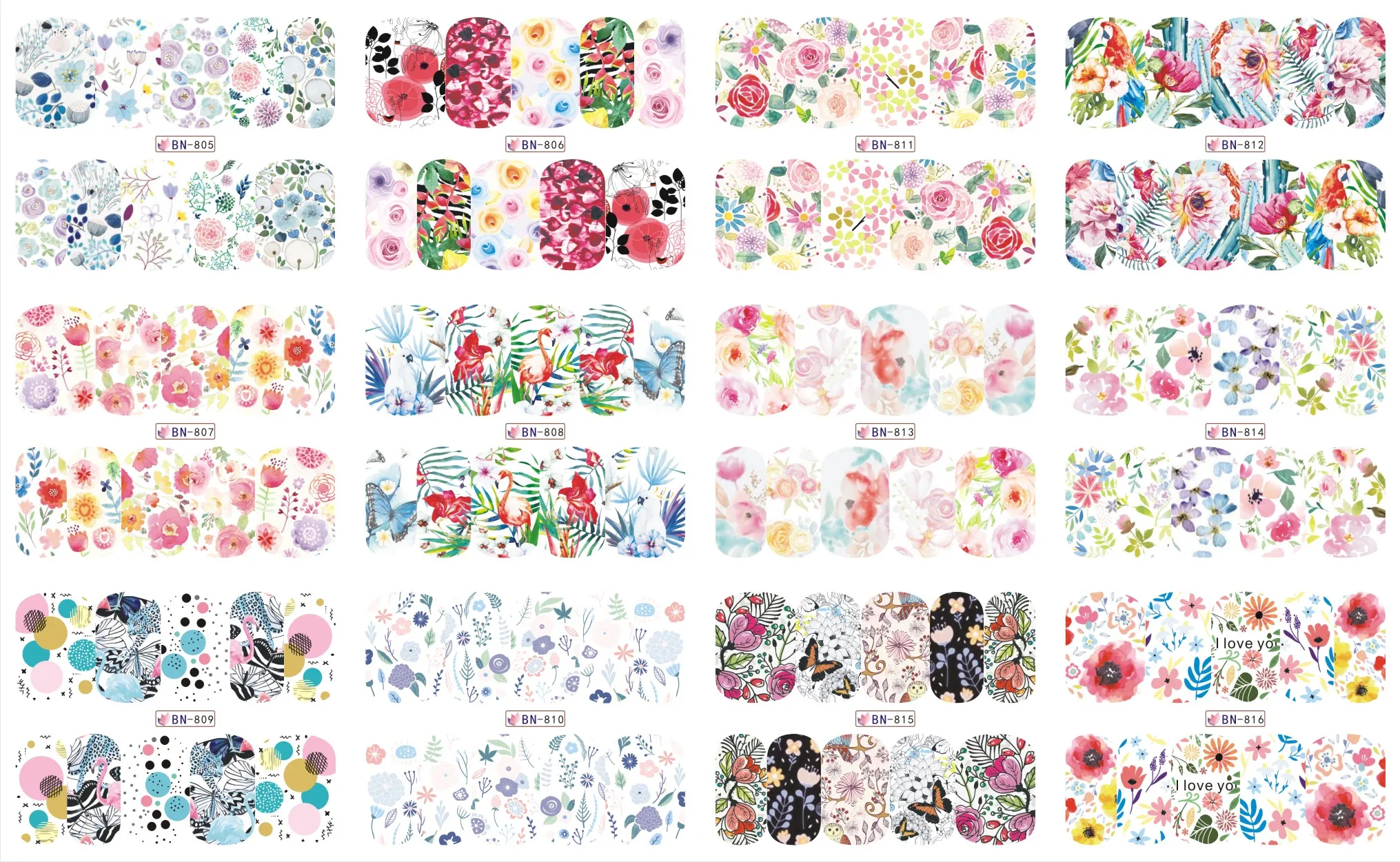 

12 Sheets/Lot Nail BN805-816 Spring Flower Rose Flamingo Nail Art Water Decals Stickers Wrap Tip Decoration
