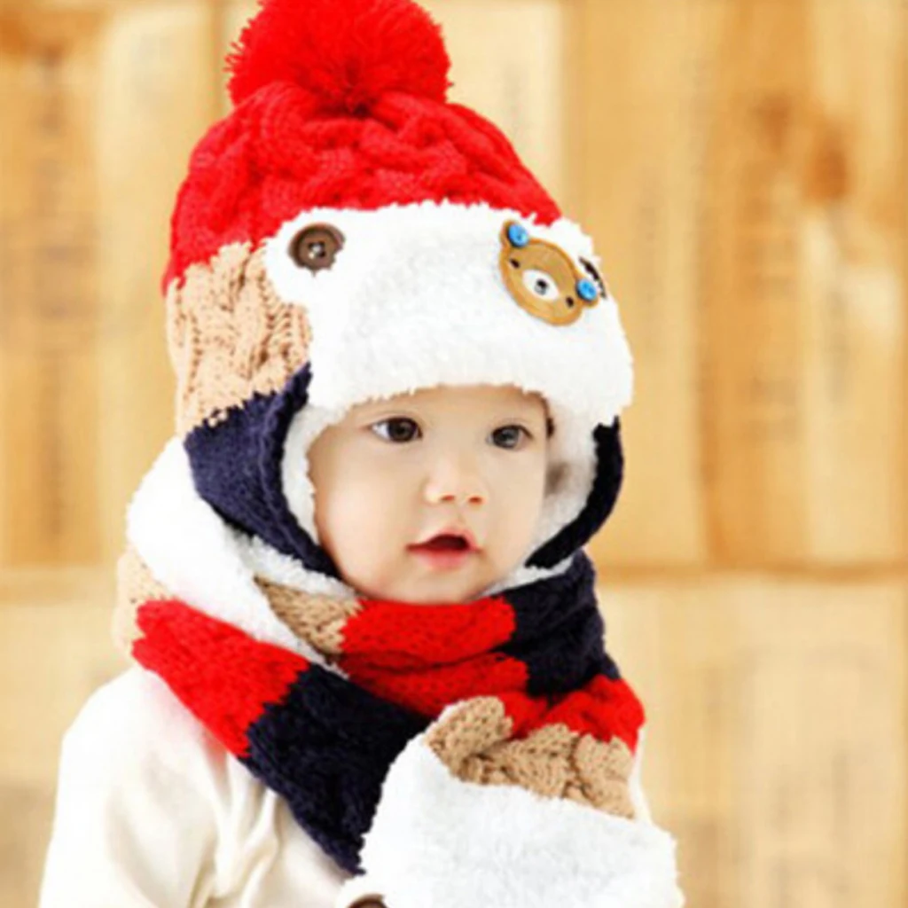 

Knitted Hat+Scarf Winter Warm Hooded Earflap for Children Baby Girls Boys