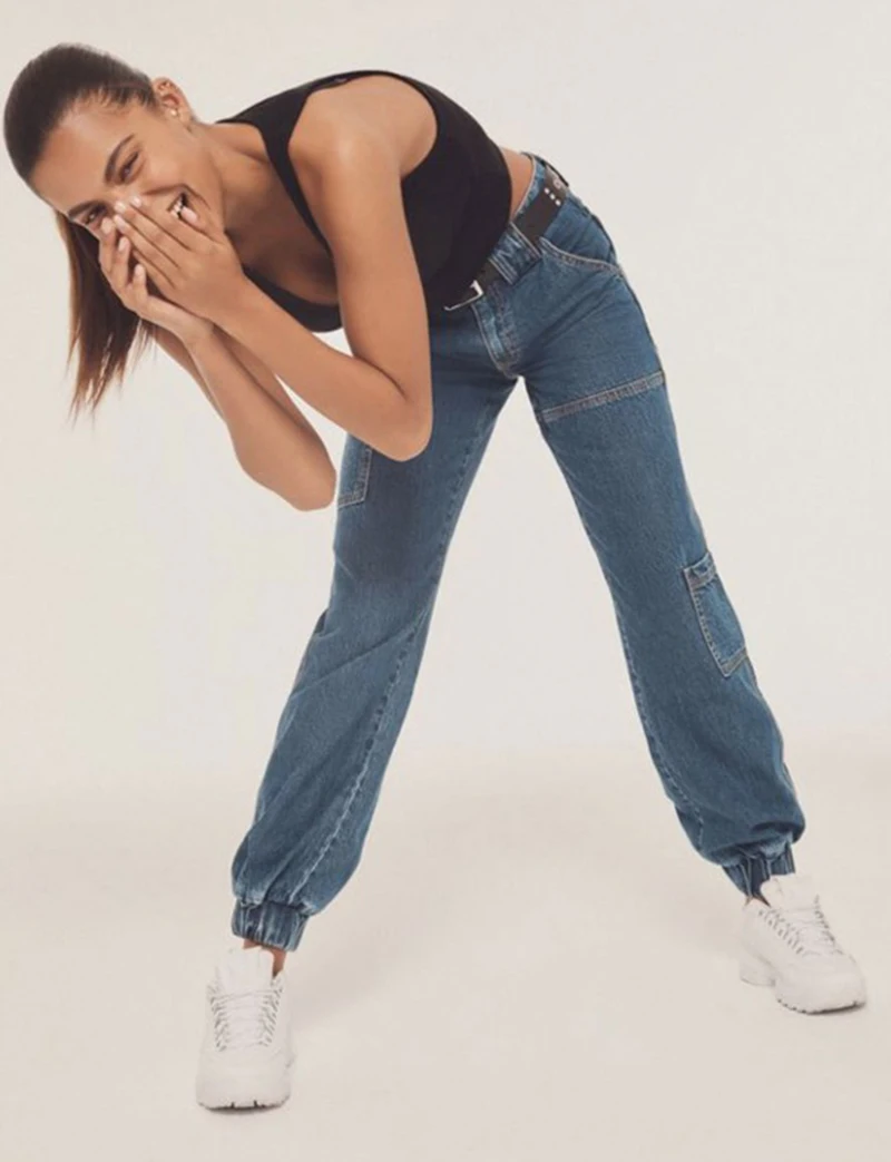 Casual harem jeans loose fit Jeans Women elastic stretch middle Waist Blue Denim Pants Zipper bleached washed fashion | Женская одежда