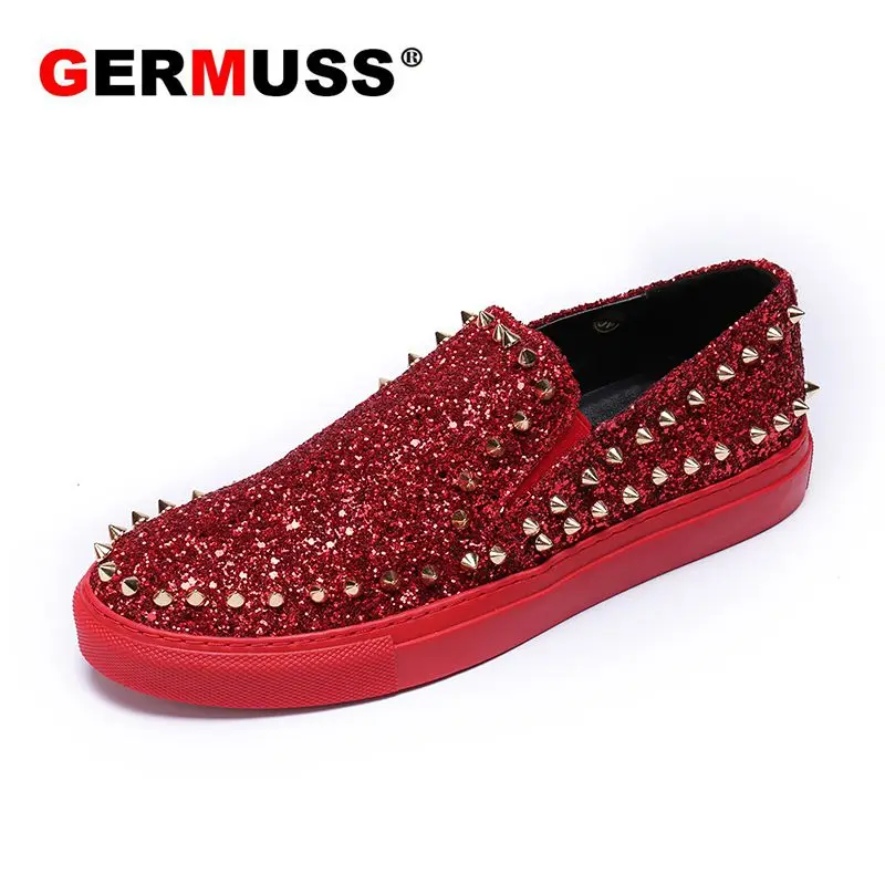 

New Fashion designer Rivet Men's shoes Luxury Brand high top leather Mens Loafers Red bottom Slip on High Quality zapatos hombre