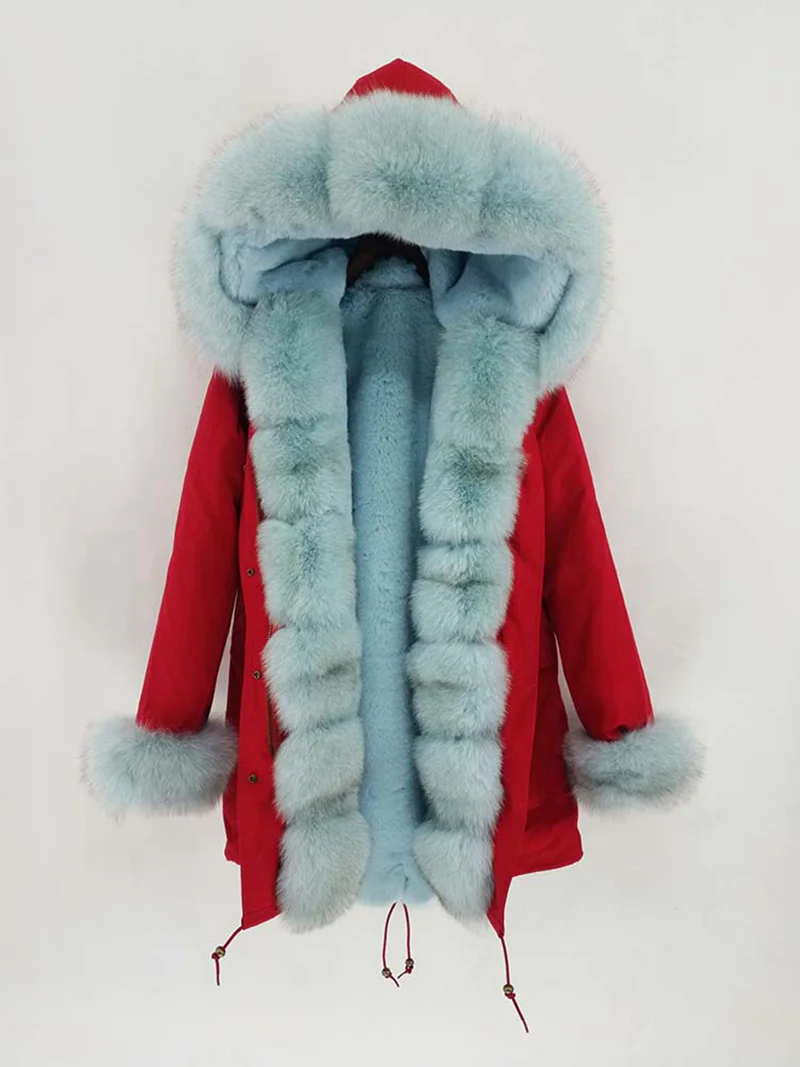 Red Blue Женская парка пальто с капюшоном и воротником из натурального Лисьего меха зимняя Толстая теплая меховая куртка высокого качества пальто S8201 - Цвет: Red Blue