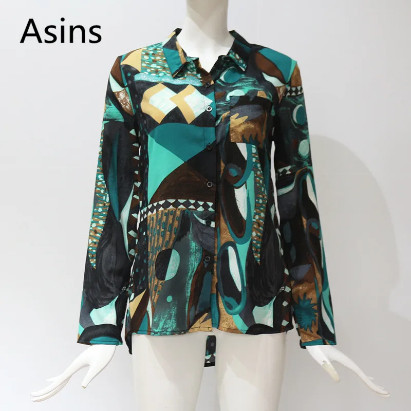 

Asins womens tops and blouses 2019 new hot casual fashion V neck printing stitching pocket long sleeve thin wild chiffon shirt