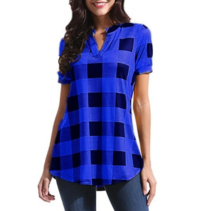 Plus Size 5XL Women Blouses and Tops New Summer Short Sleeve Vintage Plaid Blouse Ladies Shirt Casual Loose Blusa Mujer |