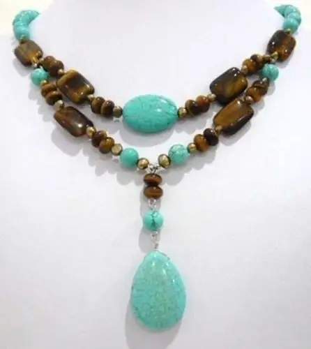 shipping> >>>> Lovely! 2Strds Brown Pearl &Blue Turkey Turquoise&Tiger's Eye Necklace | Украшения и