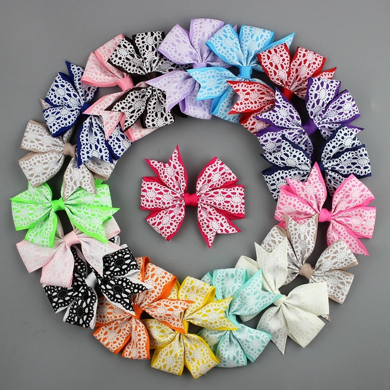 

100pcs 20colors Newest Korean ribbon bows hair wear accessories print Grosgrain Ribbon Boutique Hair Bows for kids head make