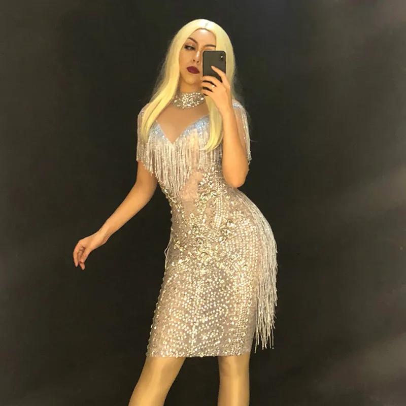 Женское платье с кисточками сверкающие стразы блестящее для ночного клуба