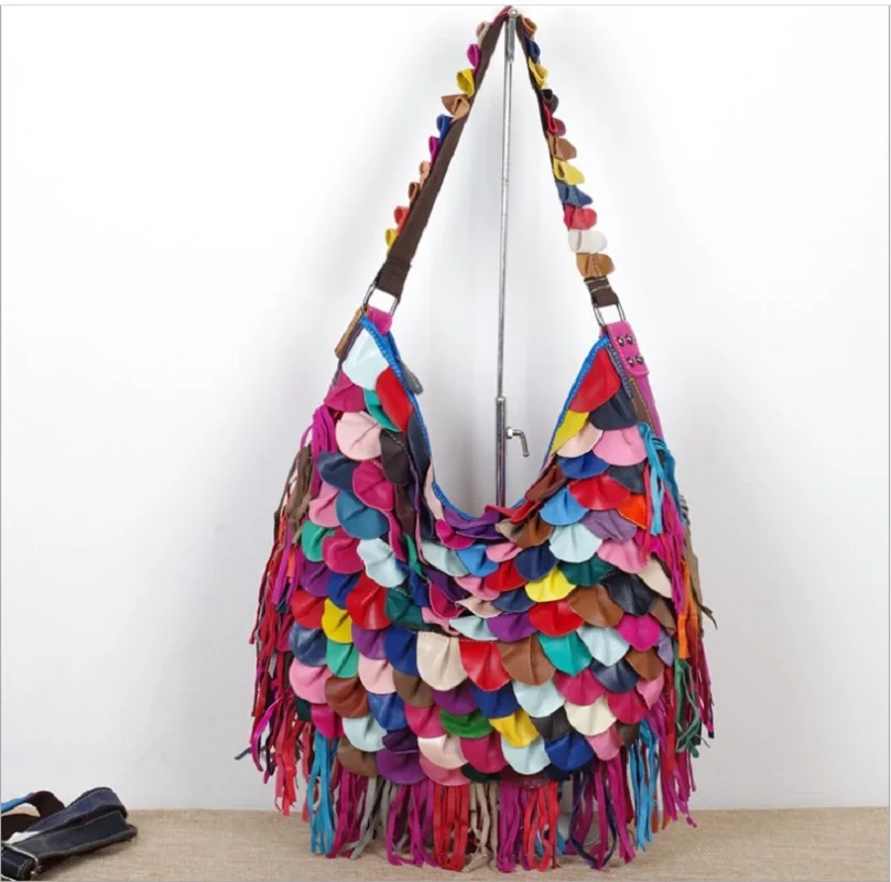 

Casual Totes Bags For Women Panelled Cow Leather Tassel Big Hand Bag Woman Brand Handbags Female Shoulder Crossbody Bags