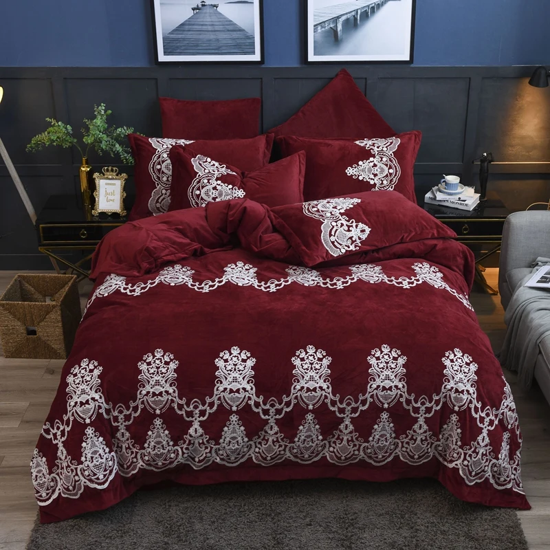 Red Wine Luxury Royal Embroidery Winter Thick Velvet Flannel Bedding Set Fleece Fabric Duvet Cover Bed Linen/sheet Pillowcases | Дом и сад