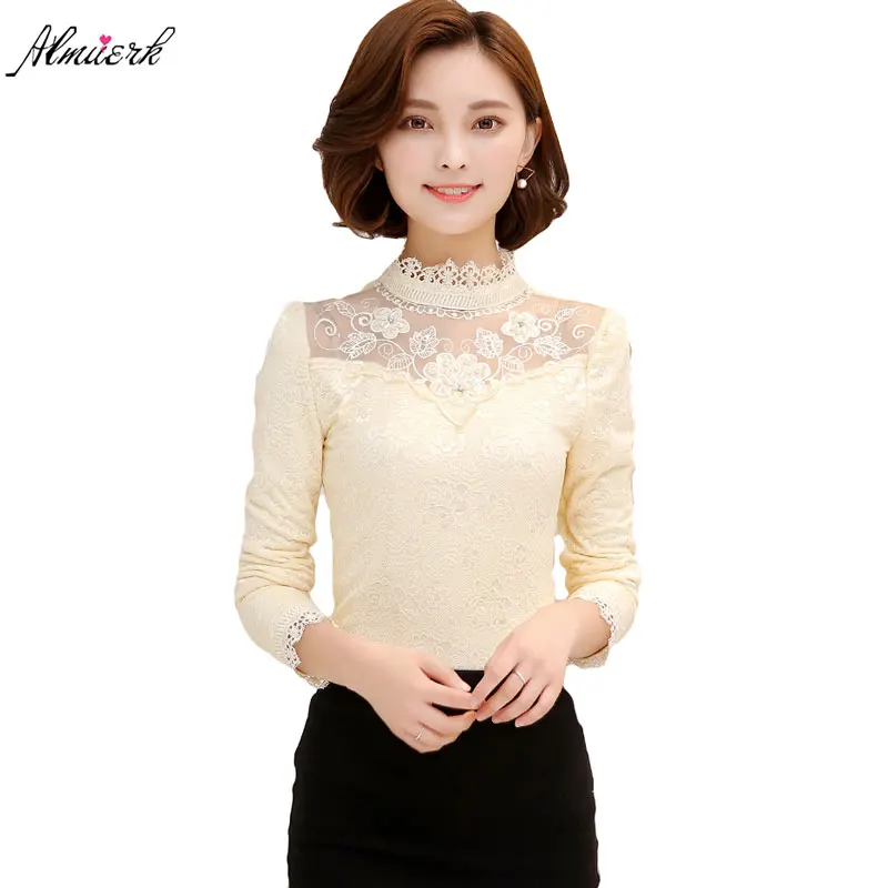 

fashion autumn winter women half-high collar lace T-shirt long sleeves solid slim thicken female lace T-shirt bottom shirt L202