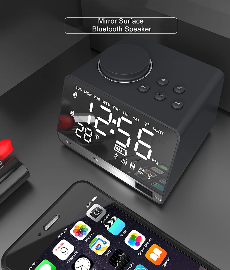 EXRIZU беспроводной Bluetooth динамик настольные часы FM радио зеркало светодиодный сабвуфер TF AUX u-диск музыкальный плеер для сон кровать комнаты