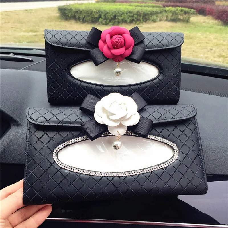 Автомобильный солнцезащитный козырек Camellia, тканевая коробка, кожаный подвешиваемый Авто держатель ткани, цветок для кристалл для девушки, горный хрусталь, авто Хлопковая Сумка для салфеток
