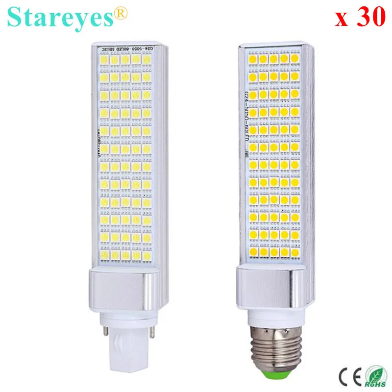 

Free Shipping 30 pcs G24 G23 E27 12W SMD 5050 60 LED PL Corn Bulb LED PLC droplight 930LM LED transverse inserted light