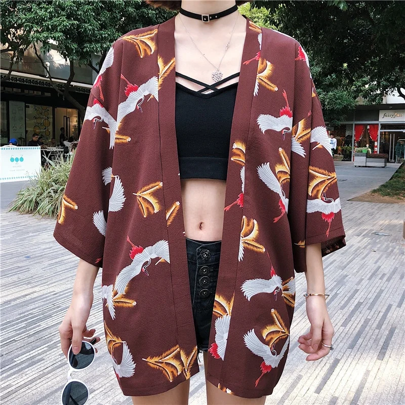 Harajuku летняя Новинка корейский Ulzzang журавль принт юката кимоно верхняя одежда