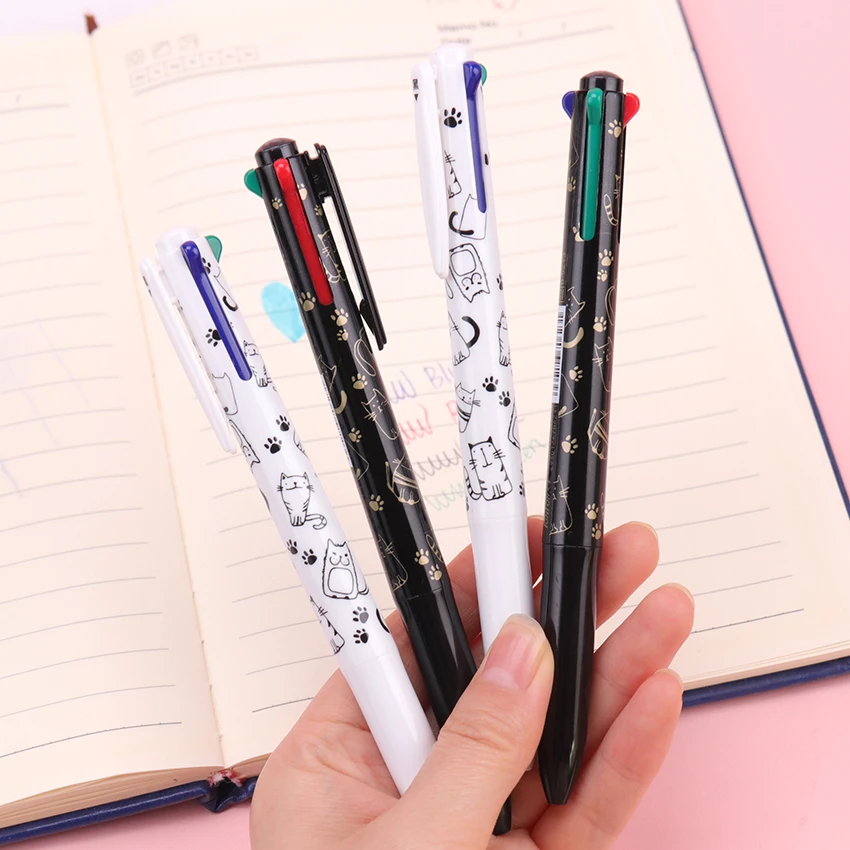 

4 In 1 Four Color Black White Cat Multicolor Press Ball Ballpoint Pen Fixed Creative Mark Office School Supplies