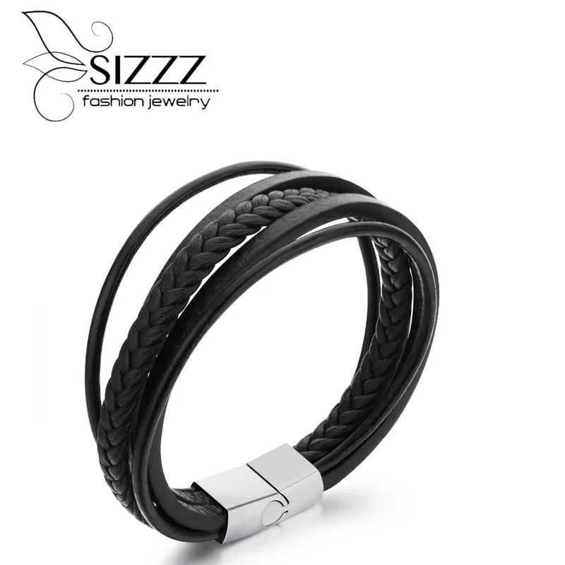 

SIZZZ 21cm Long 10mm Wide Leather student style personality multi-layer handmade textile bracelet for men