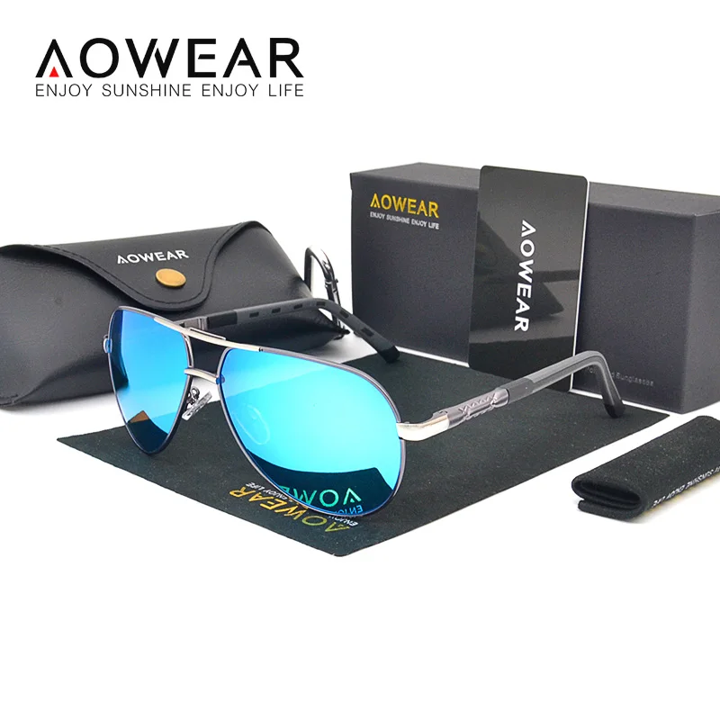 Grey Blue Lens AOWEAR поляризационные солнцезащитные очки мужские HD очки для вождения алюминиевые зеркальные солнцезащитные очки Брендовые дизайнерские авиационные защитные очки аксессуары gafas de sol - Цвет линз: Grey Blue Lens