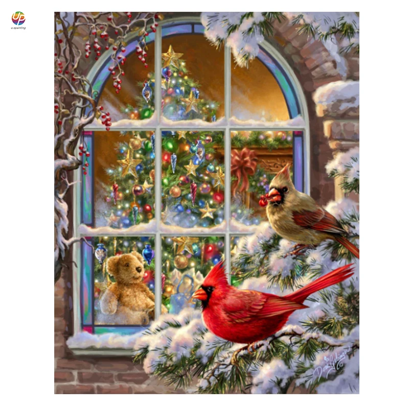 Frameless Digital Painting By Numbers Christmas Window Birds Floral Acrylic Paint Modern Wall Art Home Hotel Deco deal | Дом и сад