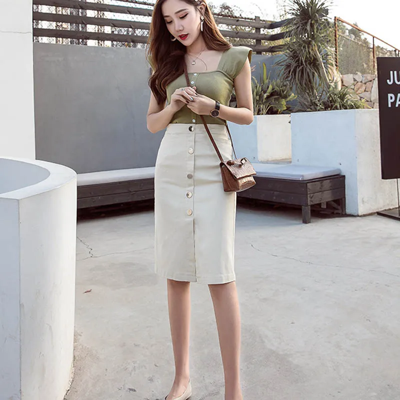 NORMOV Fashion Women High Waist Single Breasted Jean Skirt Streetwear Skinny Female Pencil Skirt White Pockets Denim Skirt
