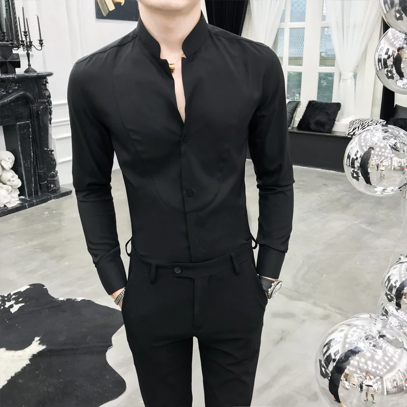 

2021 TANG Sexy Unique Stand Collar Shirt Black Red White Slim Fit Long Sleeve Camisa Social Masculina Men Dress Designer Shirt