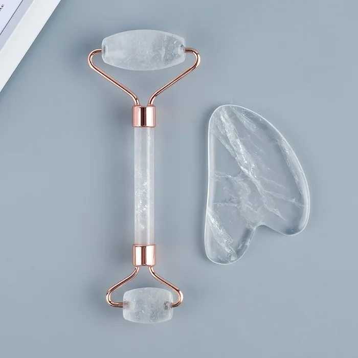 set Рок Кварцевый ролик Gua Sha Jade массажный набор Acupuntura терапия задняя головка для ног скребок для подтяжки лица натуральный кристалл каменный массажер - Цвет: set
