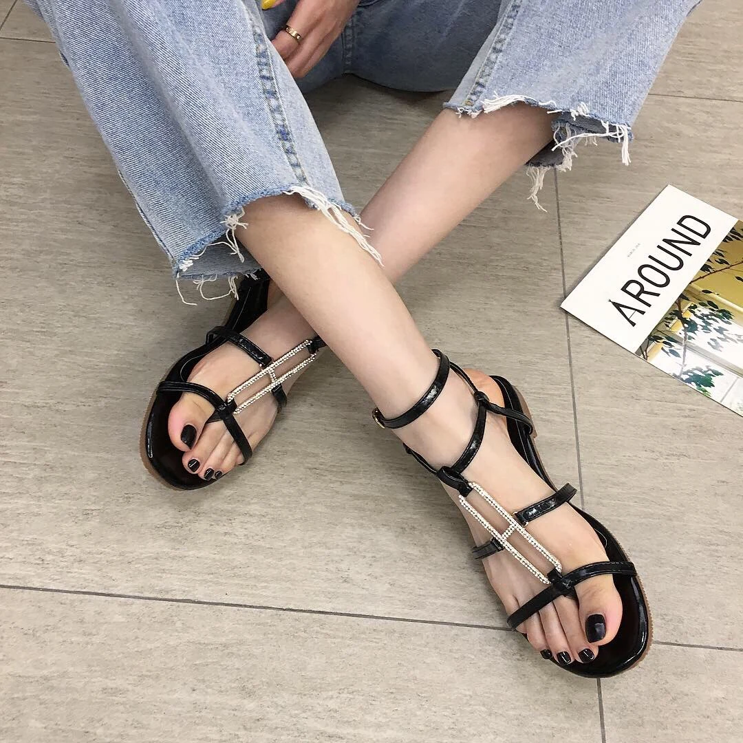 326-1-Black GENSHUO/Серебристые сандалии на плоской подошве; однотонные мягкие пляжные женские сандалии; Летняя обувь; Серебряные стразы; Sandalias De Mujer Sandale Femme; обувь - Цвет: 326-1-Black