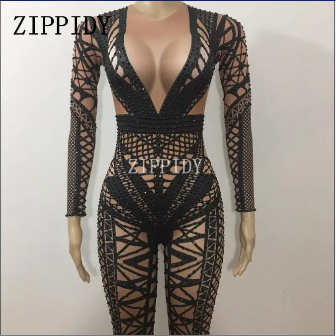 Блестящий черный комбинезон костюм цельный бандаж для танцев ночного клуба