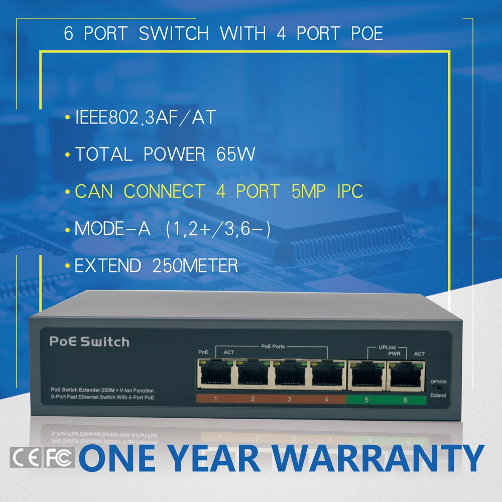 6 портов коммутатор с 4 портами PoE (10 8 PoE) 100 м IEEE802.3at стандарт af для DH Hikvision IP