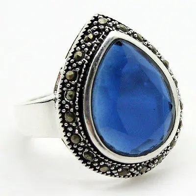 

RARE FACETED 25*20mm BLUE CRYSTAL &MARCASITE 925 STERLING SILVER RING SIZE 7/8/9/10