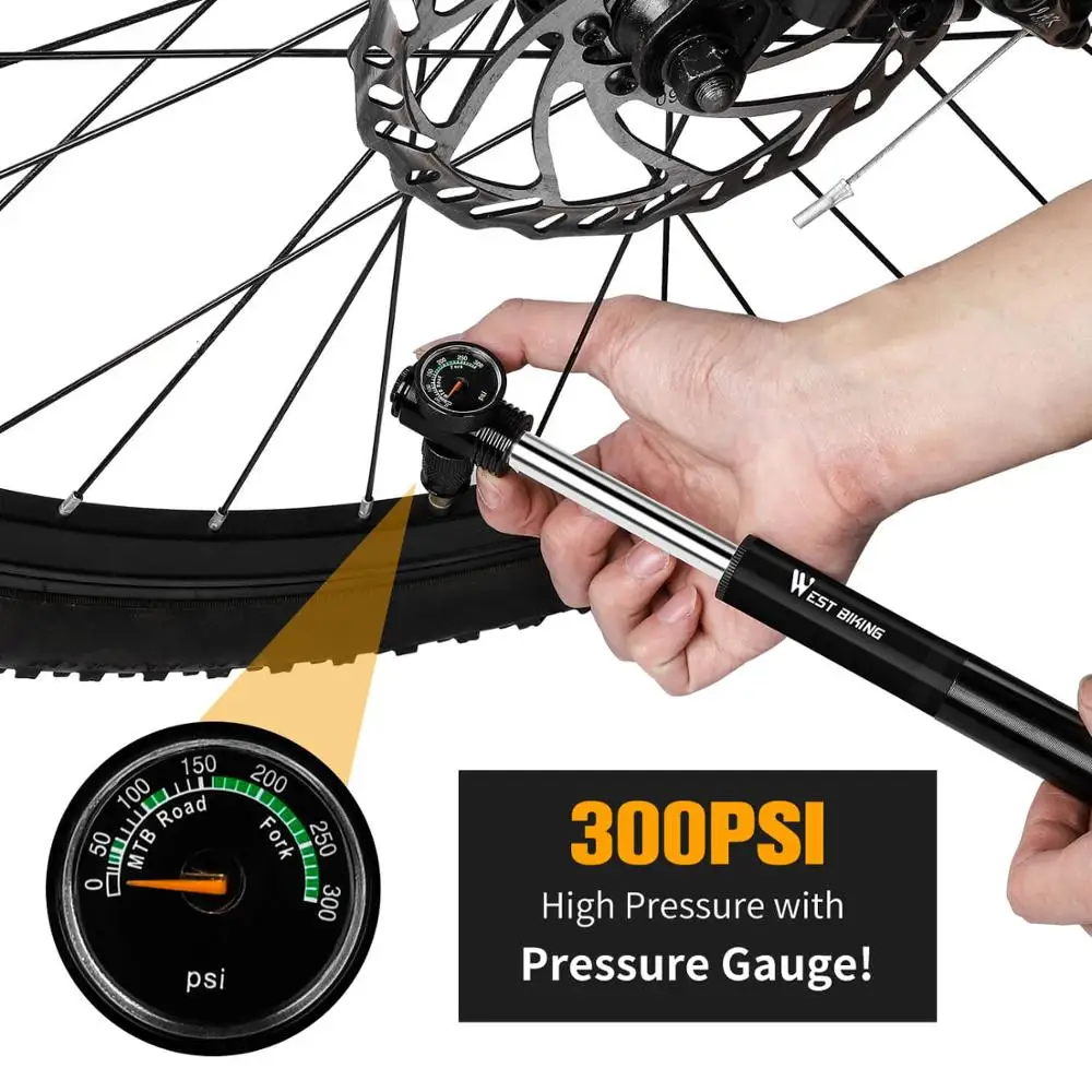 WEST BIKING 300 фунтов/кв. дюйм Мини велосипедный насос с манометром для горной дороги, велосипедный ручной воздушный насос высокого давления, велосипедный насос с ЧПУ, насос для шин