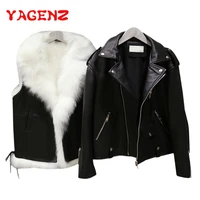 yagenz spring autumn pu leather jacket women 2 piece sets vest and coat faux soft leather coat slim black rivet zipper coat 186