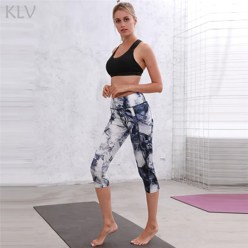 KLV спортивные женские леггинсы для фитнеса, йоги, спортзала, с высокой талией, с карманом на талии, с принтом, для йоги, фитнеса, леггинсы до середины икры, брюки#@ F