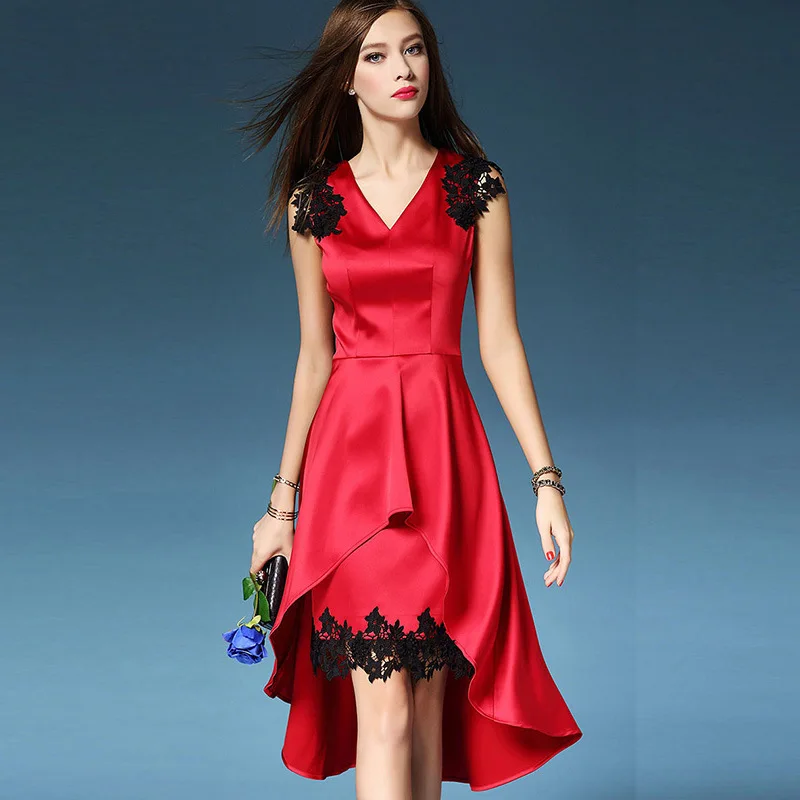 2017 New Fashion Party Dress Summer Women Wear Sleeveless Lace Stitching Evening Dresses V Neck | Свадьбы и торжества